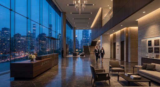 Modern headquarters lobby at dusk