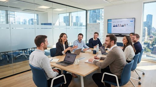 Team meeting in a glass conference room